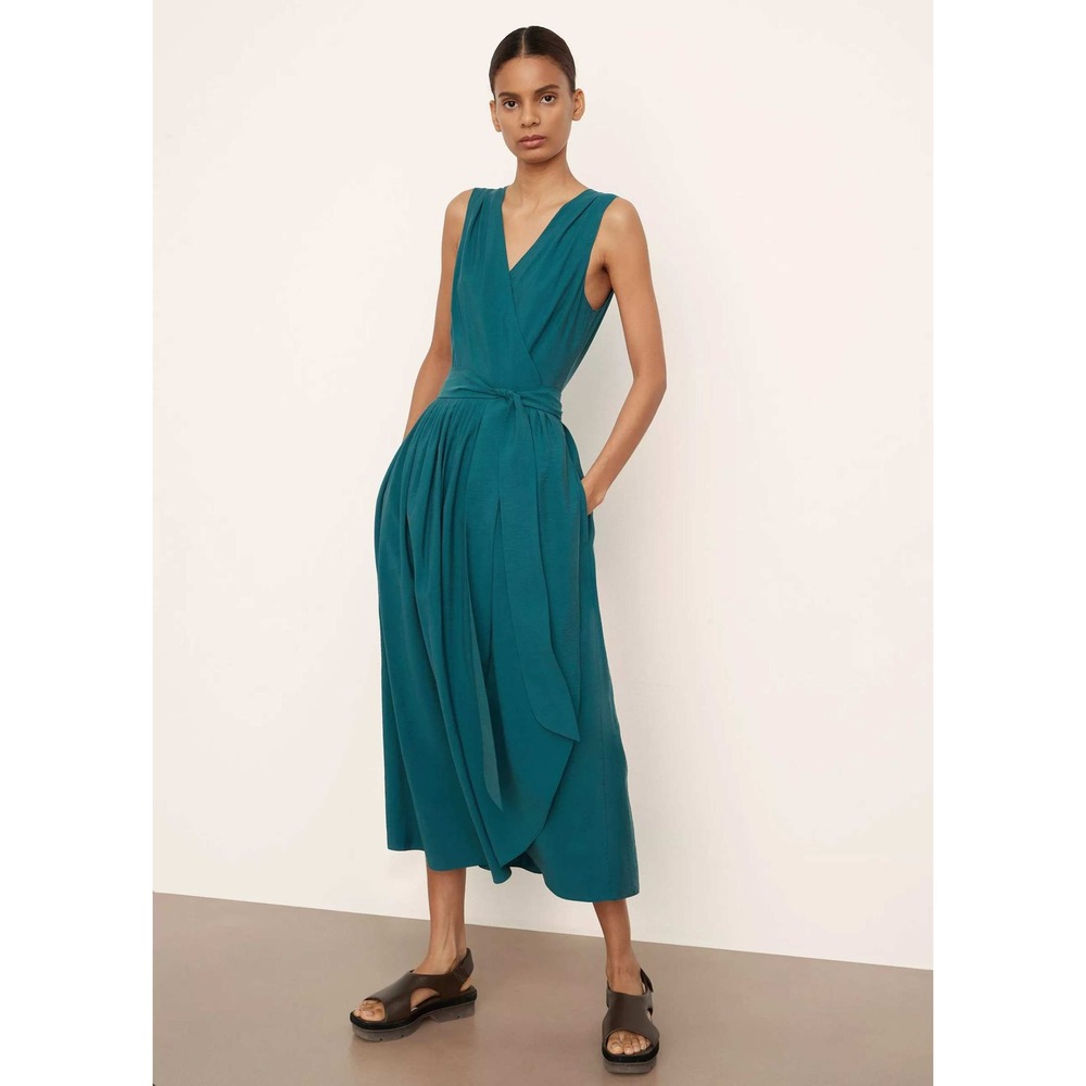 Vince Womens Sleeveless Wrap Midi Dress Dark Teal Blue Green Size Medium NEW